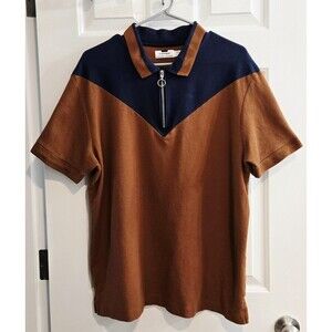 Topman Men's Colorblock Chevron Polo Shirt Rust Brown Navy Blue Size XXL 1/4 Zip